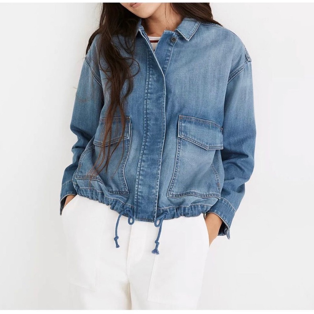 Madewell Denim Drawstring Military Shirt Jacket in Glenmar Wash Size Medium